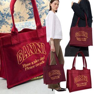 🆕 GANNI 🧿 NWOT Large Easy Shopper, Burgundy Cotton & Yellow Embroidery